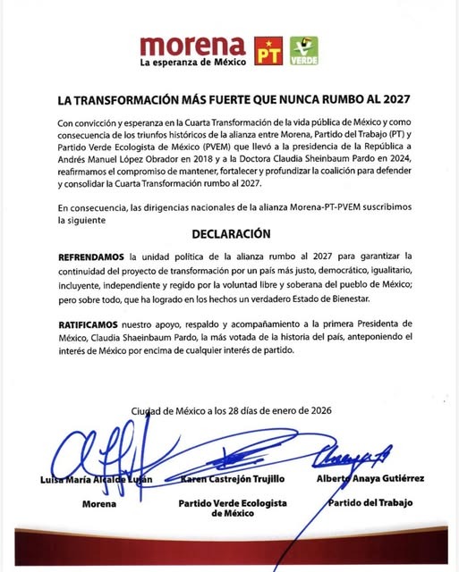 Morena, PVEM y PT irán juntos en elección del 2027 anuncian dirigencias