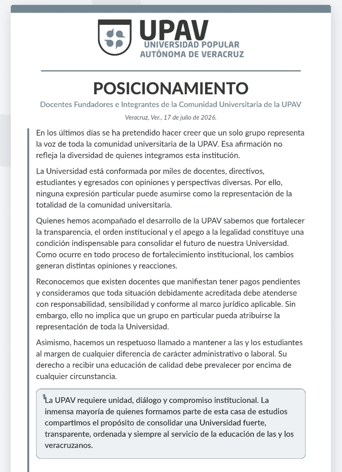 UPAV: Docentes y universitarios aclaran que manifestaciones no representan a la institución UPAV: Docentes y universitarios aclaran que manifestaciones no representan a la institución