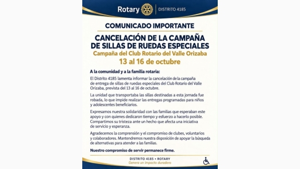 Robo de sillas de ruedas deja sin apoyo a 220 menores; Rotarios cancelan jornada en Orizaba Robo de sillas de ruedas deja sin apoyo a 220 menores; Rotarios cancelan jornada en Orizaba